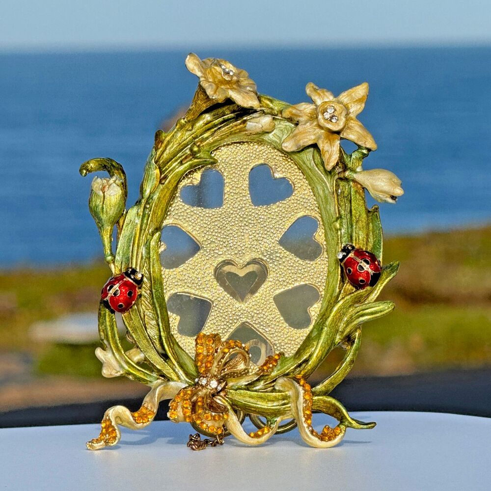 Vintage Jeweled Floral Ladybug Easel Frame Heart Rhinestone Enamel Display Decor